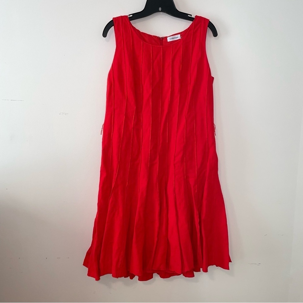 Calvin Klein Fit And Flare Exposed Seam Detail Linen Blend Midi-Dress Size 12